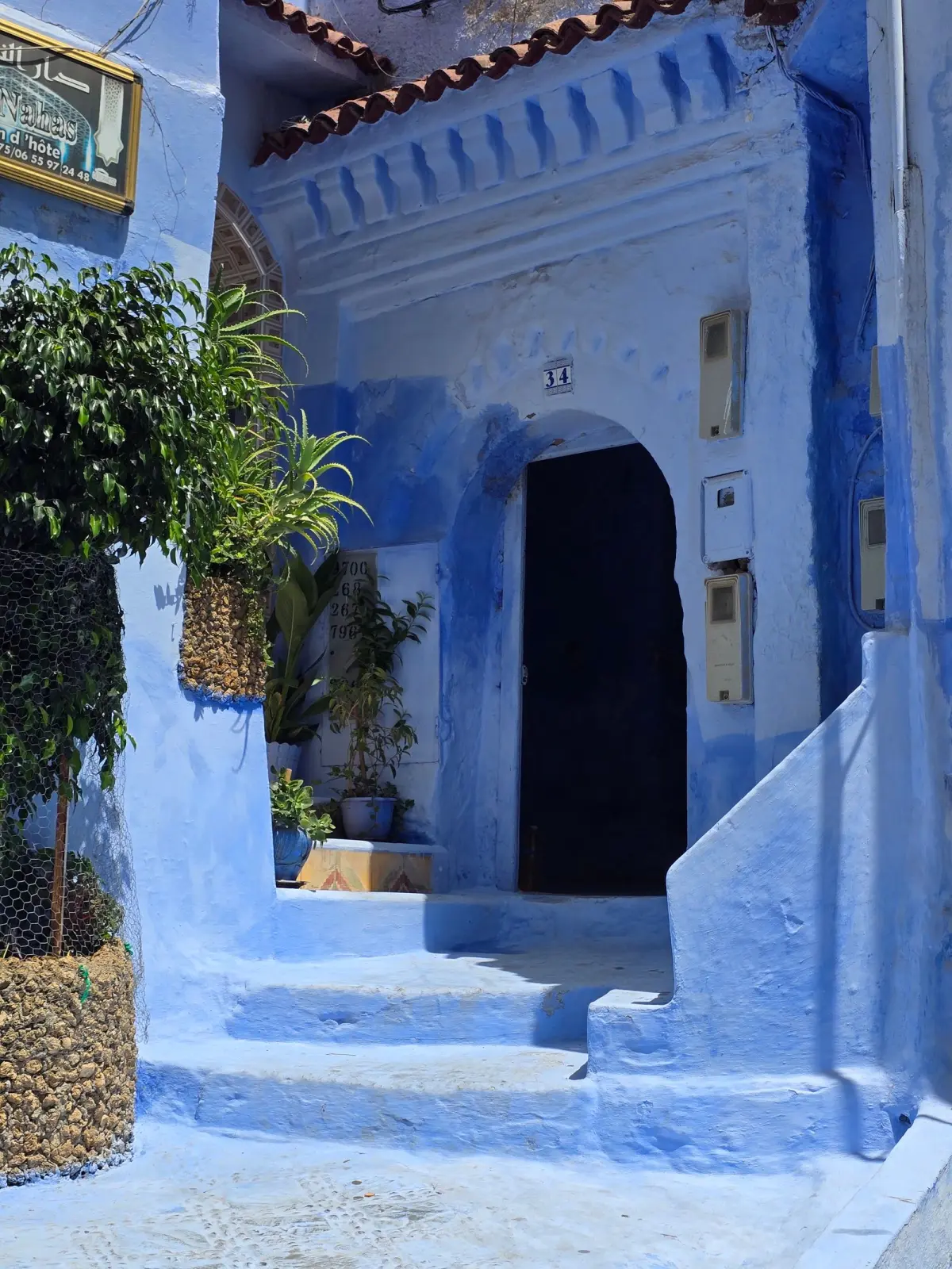 Blue-washed doorway and steps in Chefchaouen